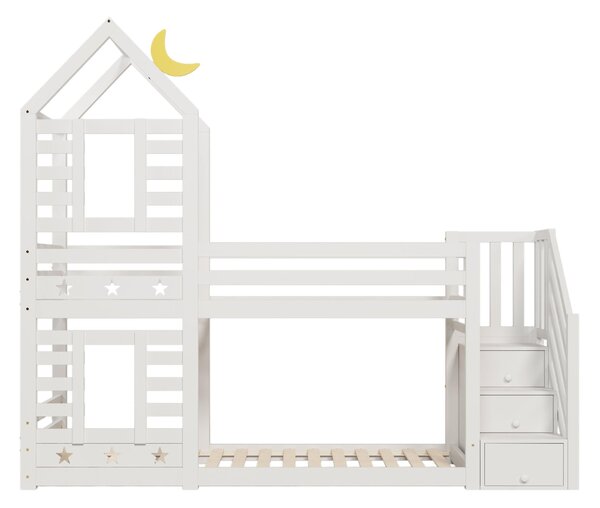 Cabin-Style Bunk Bed with Staircase Storage and Under-Bed Drawers, Stylish Bed Frame for Child's Room, 235L x 97W x 217H cm, White Aosom UK