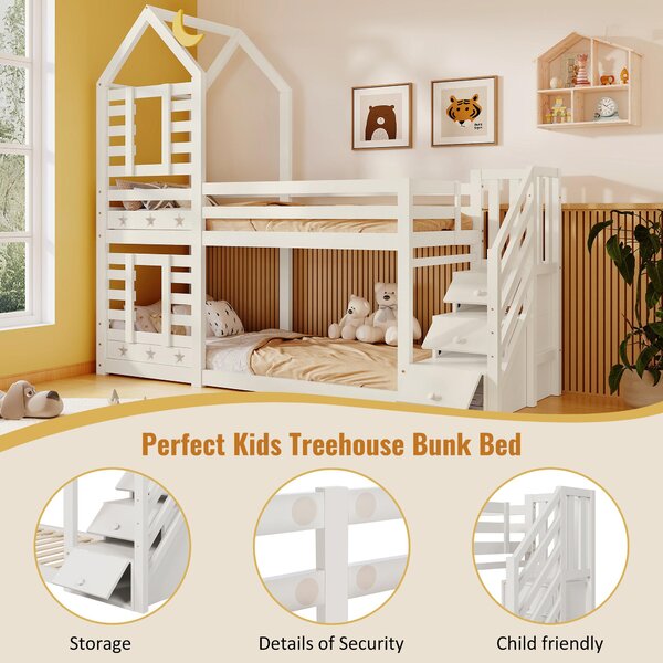 Cabin-Style Bunk Bed with Staircase Storage and Under-Bed Drawers, Stylish Bed Frame for Child's Room, 235L x 97W x 217H cm, White Aosom UK