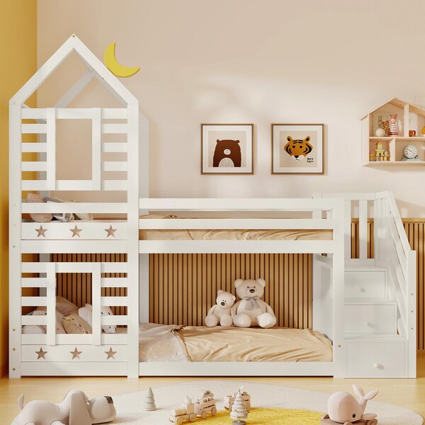 Cabin-Style Bunk Bed with Staircase Storage and Under-Bed Drawers, Stylish Bed Frame for Child's Room, 235L x 97W x 217H cm, White Aosom UK