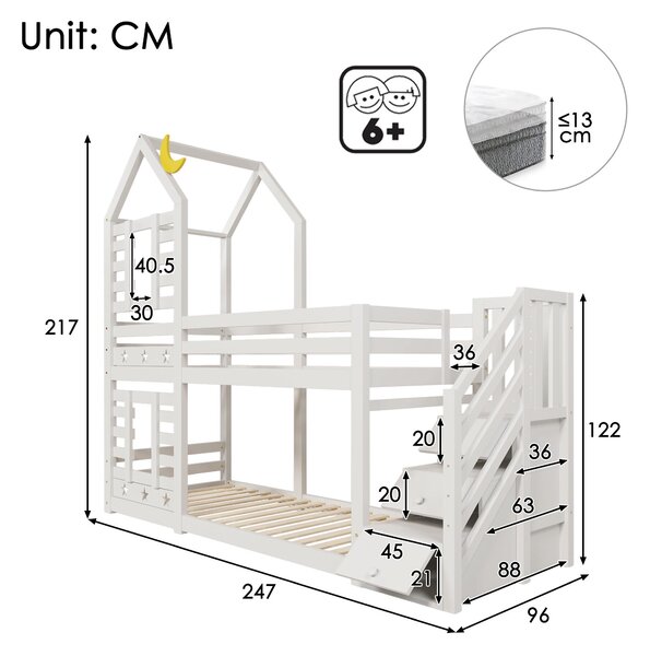Cabin-Style Bunk Bed with Staircase Storage and Under-Bed Drawers, Stylish Bed Frame for Child's Room, 235L x 97W x 217H cm, White Aosom UK