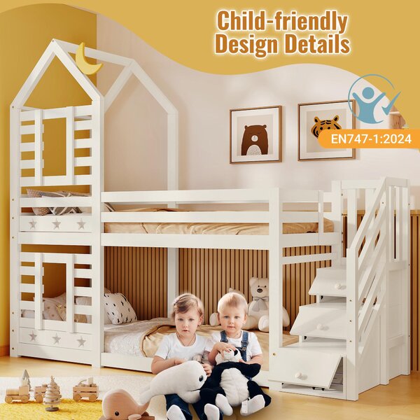 Cabin-Style Bunk Bed with Staircase Storage and Under-Bed Drawers, Stylish Bed Frame for Child's Room, 235L x 97W x 217H cm, White Aosom UK