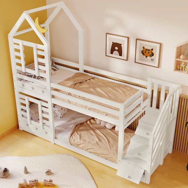 Cabin-Style Bunk Bed with Staircase Storage and Under-Bed Drawers, Stylish Bed Frame for Child's Room, 235L x 97W x 217H cm, White Aosom UK