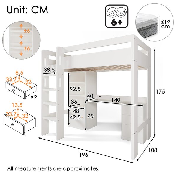 Kids' High Sleeper Loft Bed with Built-in Storage and Soft‑Close Drawers, Bunk Bed with USB/Type‑C Charging, 196L x 108W x 175H cm, White Aosom UK