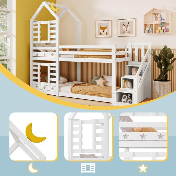 Cabin-Style Bunk Bed with Staircase Storage and Under-Bed Drawers, Stylish Bed Frame for Child's Room, 235L x 97W x 217H cm, White Aosom UK