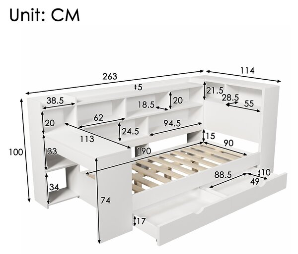 Multi-Functional Single Daybed with Bookcase & Computer Desk, Space-Saving Bed Frame with Ergonomic Desk, 63L x 114W x 100H cm, White Aosom UK