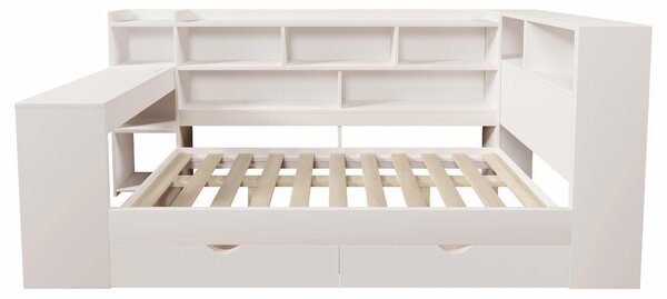 Multi-Functional Single Daybed with Bookcase & Computer Desk, Space-Saving Bed Frame with Ergonomic Desk, 63L x 114W x 100H cm, White Aosom UK