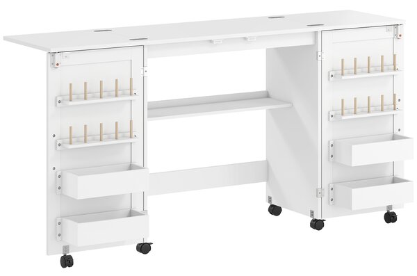 HOMCOM Folding Sewing Table with 2 Magnetic Doors, Storage Shelf, Lockable Wheels, Space Saving, White