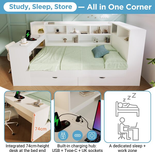 Multi-Functional Single Daybed with Bookcase & Computer Desk, Space-Saving Bed Frame with Ergonomic Desk, 63L x 114W x 100H cm, White Aosom UK
