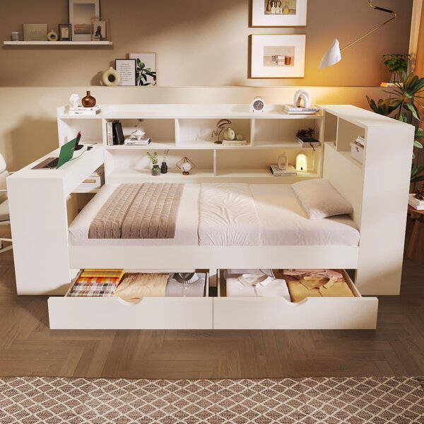 Multi-Functional Single Daybed with Bookcase & Computer Desk, Space-Saving Bed Frame with Ergonomic Desk, 63L x 114W x 100H cm, White Aosom UK