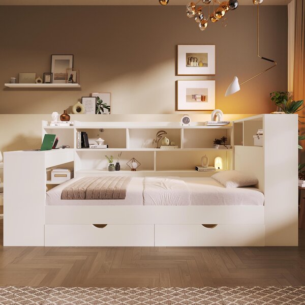 Multi-Functional Single Daybed with Bookcase & Computer Desk, Space-Saving Bed Frame with Ergonomic Desk, 63L x 114W x 100H cm, White Aosom UK