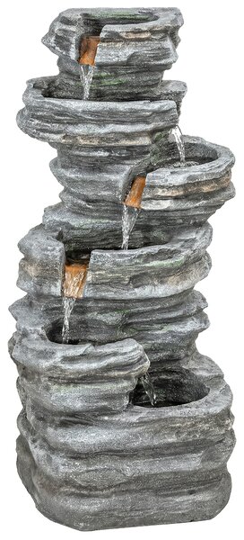 Outsunny Outdoor Fountain, 6-Tier Cascading Waterfall Feature with LED Lights, Resin Freestanding Garden Fountain, Grey