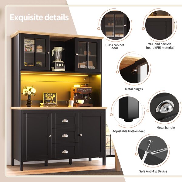 Tall Sideboard with 4 Doors, 3 Drawers and Open Shelf, Versatile Storage Cabinet for Kitchen & Living Area, 120L x 40W x 179H cm, Black Aosom UK