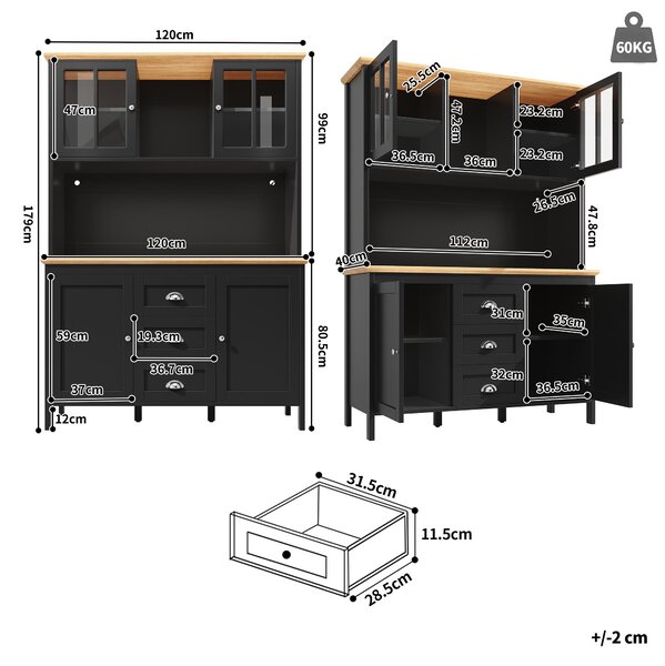 Tall Sideboard with 4 Doors, 3 Drawers and Open Shelf, Versatile Storage Cabinet for Kitchen & Living Area, 120L x 40W x 179H cm, Black Aosom UK