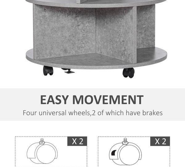 HOMCOM 2 Tier Round Side End Table Coffee Desk with Divided Shelves Tea Table Storage Unit Living Room Organiser with Wheels - Cement colour