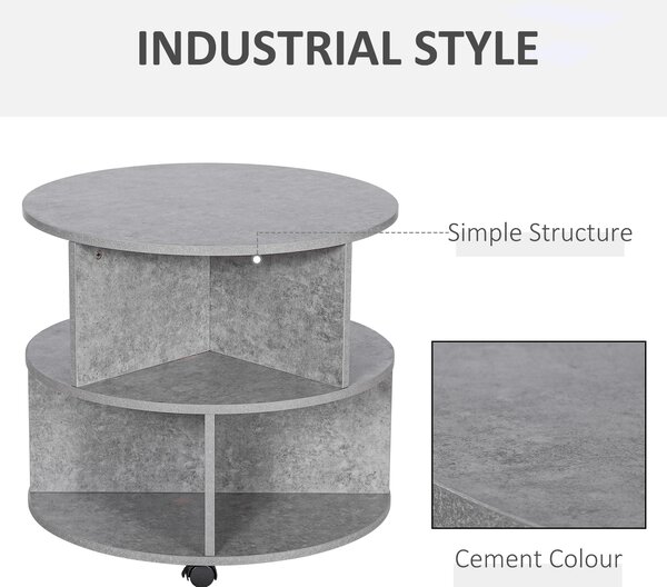 HOMCOM 2 Tier Round Side End Table Coffee Desk with Divided Shelves Tea Table Storage Unit Living Room Organiser with Wheels - Cement colour