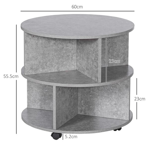 HOMCOM 2 Tier Round Side End Table Coffee Desk with Divided Shelves Tea Table Storage Unit Living Room Organiser with Wheels - Cement colour