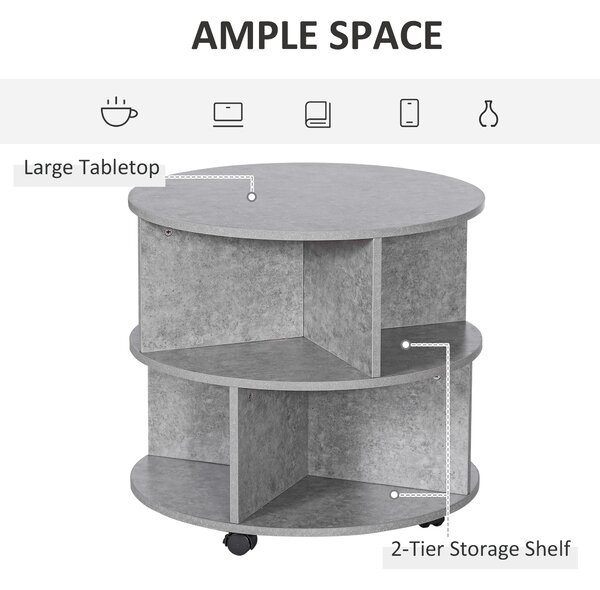 HOMCOM 2 Tier Round Side End Table Coffee Desk with Divided Shelves Tea Table Storage Unit Living Room Organiser with Wheels - Cement colour