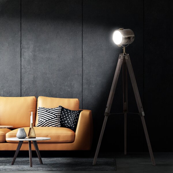 HOMCOM Vintage Tripod Floor Lamp Retro Industrial Photography Light Spotlight Antique Searchlight Wooden Base