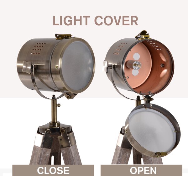HOMCOM Vintage Tripod Floor Lamp Retro Industrial Photography Light Spotlight Antique Searchlight Wooden Base