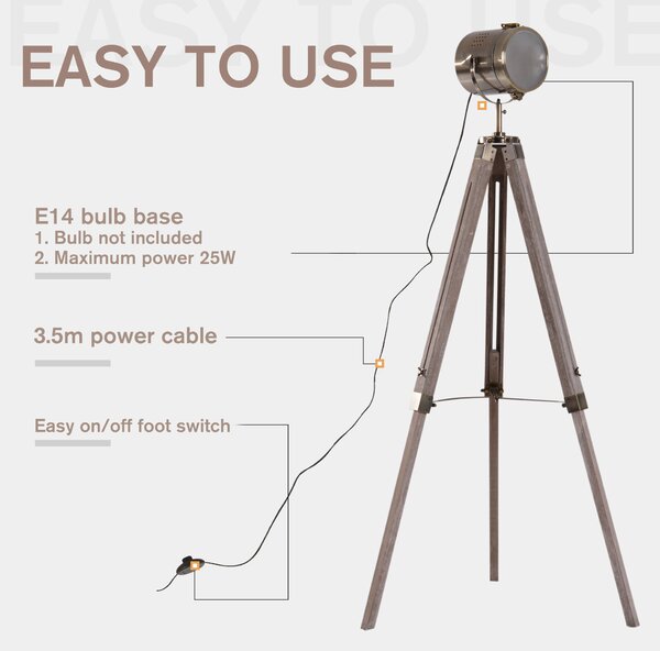 HOMCOM Vintage Tripod Floor Lamp Retro Industrial Photography Light Spotlight Antique Searchlight Wooden Base