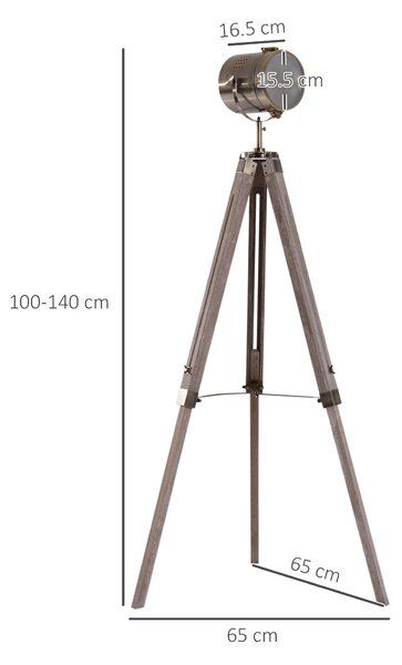 HOMCOM Vintage Tripod Floor Lamp Retro Industrial Photography Light Spotlight Antique Searchlight Wooden Base