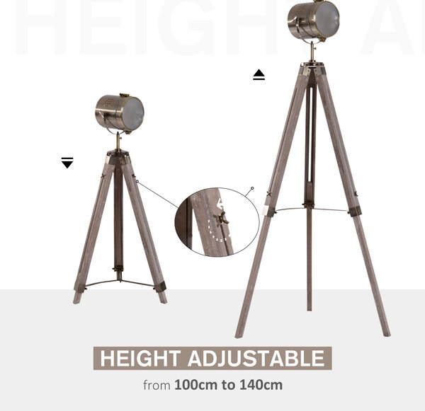 HOMCOM Vintage Tripod Floor Lamp Retro Industrial Photography Light Spotlight Antique Searchlight Wooden Base