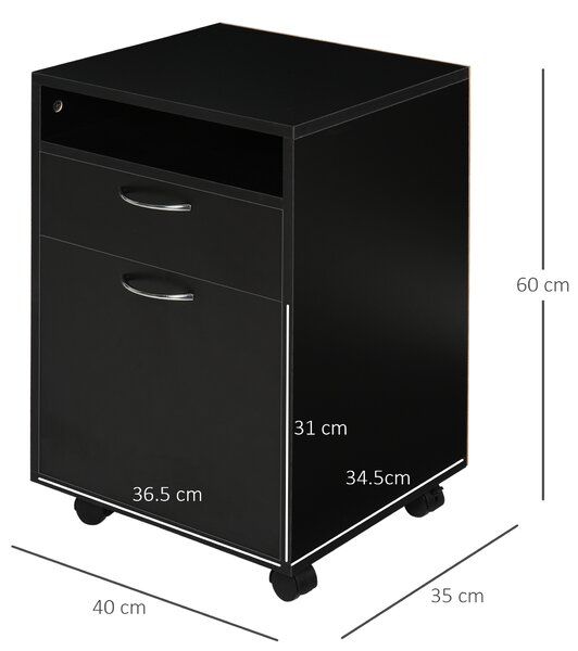 HOMCOM Mobile Storage Cabinet: Office Home Organiser with Drawer, Open Shelf, Metal Handles, 4 Wheels, Black Aosom UK