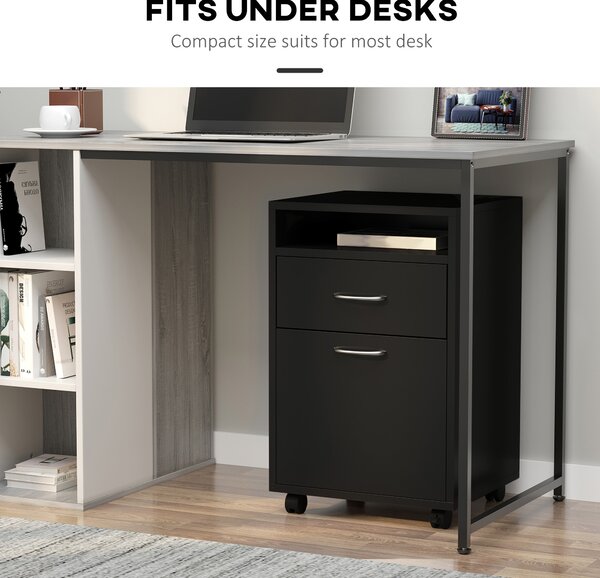 HOMCOM Mobile Storage Cabinet: Office Home Organiser with Drawer, Open Shelf, Metal Handles, 4 Wheels, Black Aosom UK