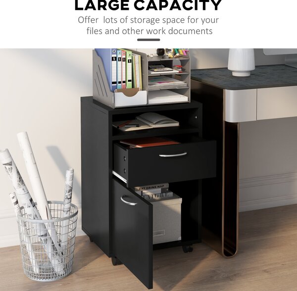 HOMCOM Mobile Storage Cabinet: Office Home Organiser with Drawer, Open Shelf, Metal Handles, 4 Wheels, Black Aosom UK