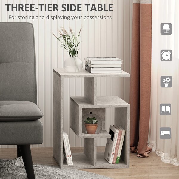 HOMCOM Side Table, 3 Tier End Table with Open Storage Shelves, Living Room Coffee Table Organiser Unit, Cement Colour Aosom UK