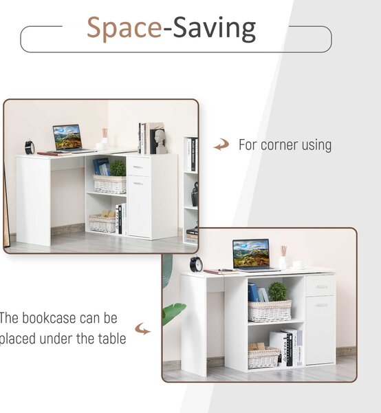 HOMCOM L-Shaped Desk, Adjustable Corner Computer Desk, Storage Shelf, Drawer and Cabinet, Workstation for Home Office, White Wood Grain Aosom UK