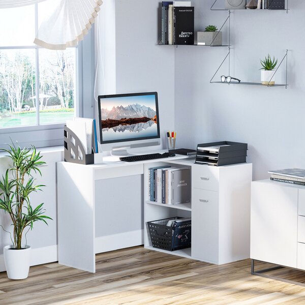 HOMCOM L-Shaped Desk, Adjustable Corner Computer Desk, Storage Shelf, Drawer and Cabinet, Workstation for Home Office, White Wood Grain Aosom UK