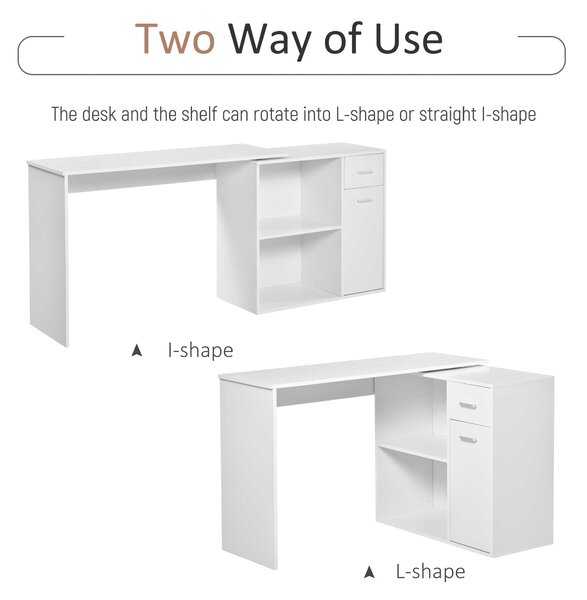 HOMCOM L-Shaped Desk, Adjustable Corner Computer Desk, Storage Shelf, Drawer and Cabinet, Workstation for Home Office, White Wood Grain Aosom UK