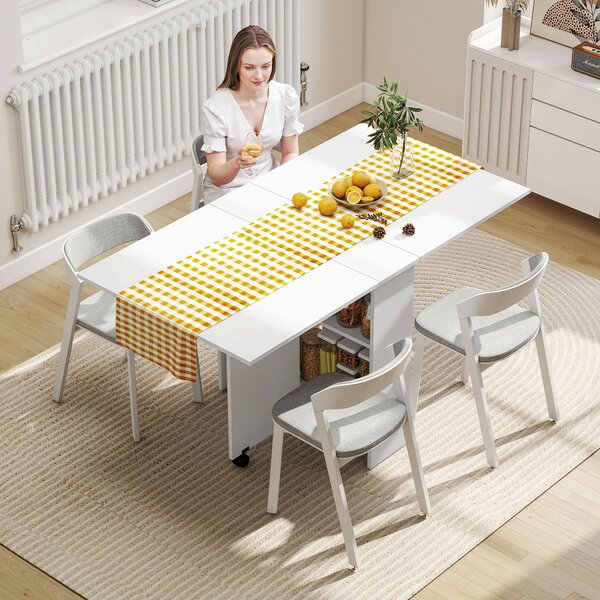 HOMCOM Mobile Folding Kitchen Table with 2 Wheels & 2 Storage Shelves, Drop Leaf Dining Table for Small Spaces, White Aosom UK