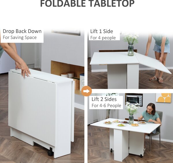 HOMCOM Mobile Folding Kitchen Table with 2 Wheels & 2 Storage Shelves, Drop Leaf Dining Table for Small Spaces, White Aosom UK