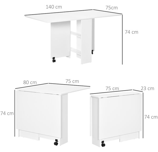 HOMCOM Mobile Folding Kitchen Table with 2 Wheels & 2 Storage Shelves, Drop Leaf Dining Table for Small Spaces, White Aosom UK