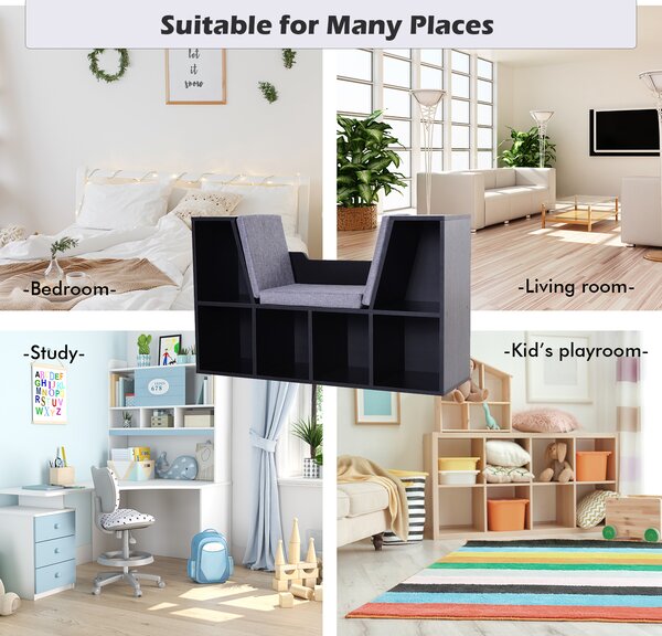 HOMCOM Bookcase Shelf Storage Seat with Cushion Sideboard Kids Children Reading Bedroom Living Room Organizer Black Aosom UK