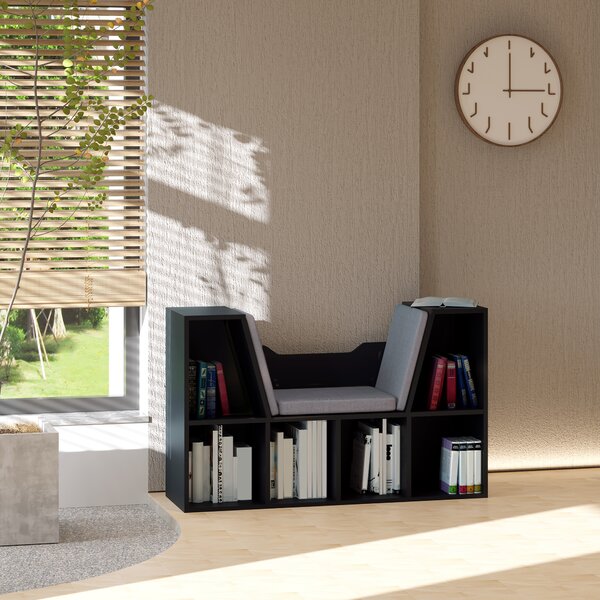 HOMCOM Bookcase Shelf Storage Seat with Cushion Sideboard Kids Children Reading Bedroom Living Room Organizer Black Aosom UK
