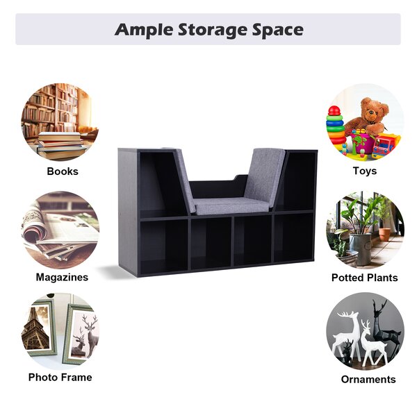 HOMCOM Bookcase Shelf Storage Seat with Cushion Sideboard Kids Children Reading Bedroom Living Room Organizer Black Aosom UK
