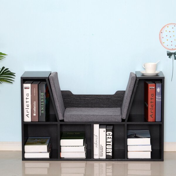 HOMCOM Bookcase Shelf Storage Seat with Cushion Sideboard Kids Children Reading Bedroom Living Room Organizer Black Aosom UK