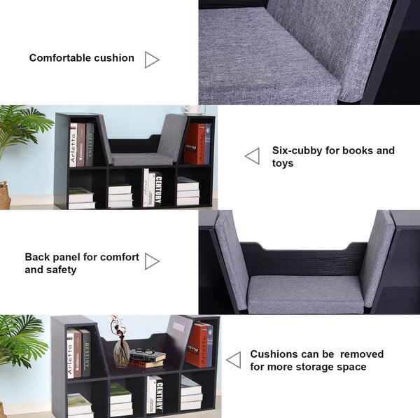 HOMCOM Bookcase Shelf Storage Seat with Cushion Sideboard Kids Children Reading Bedroom Living Room Organizer Black Aosom UK