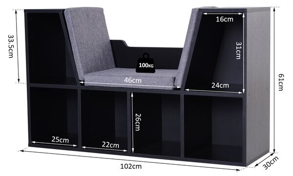HOMCOM Bookcase Shelf Storage Seat with Cushion Sideboard Kids Children Reading Bedroom Living Room Organizer Black Aosom UK