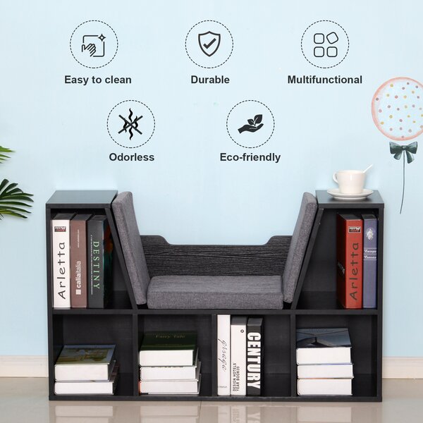 HOMCOM Bookcase Shelf Storage Seat with Cushion Sideboard Kids Children Reading Bedroom Living Room Organizer Black Aosom UK