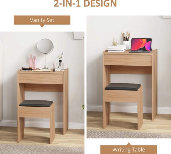 HOMCOM Dressing Table Set Padded Stool Dresser with Flip-up Mirror Multi-purpose - Wood Grain