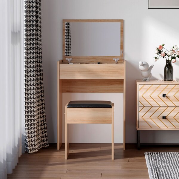 HOMCOM Dressing Table Set Padded Stool Dresser with Flip-up Mirror Multi-purpose - Wood Grain