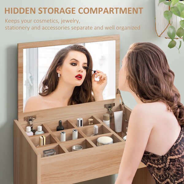 HOMCOM Dressing Table Set Padded Stool Dresser with Flip-up Mirror Multi-purpose - Wood Grain