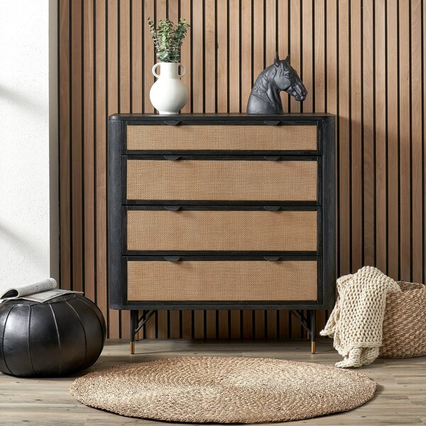 Fiji 4 Drawer Chest, Acacia Wood and Rattan Black