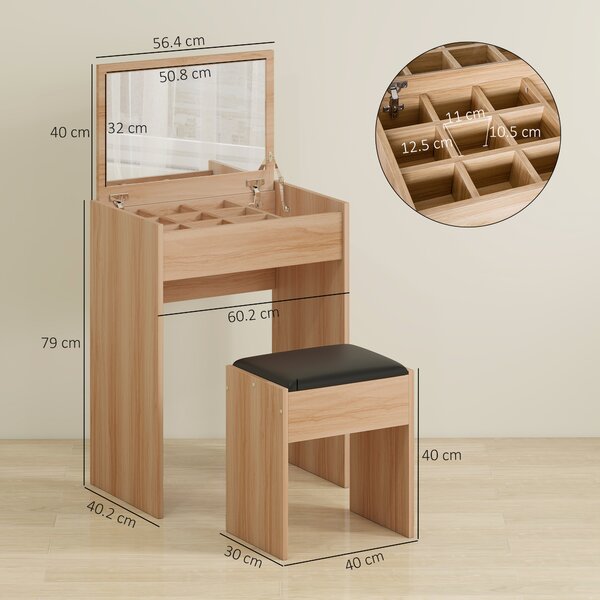 HOMCOM Dressing Table Set Padded Stool Dresser with Flip-up Mirror Multi-purpose - Wood Grain