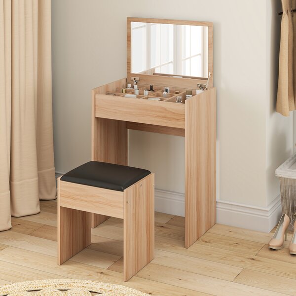 HOMCOM Dressing Table Set Padded Stool Dresser with Flip-up Mirror Multi-purpose - Wood Grain