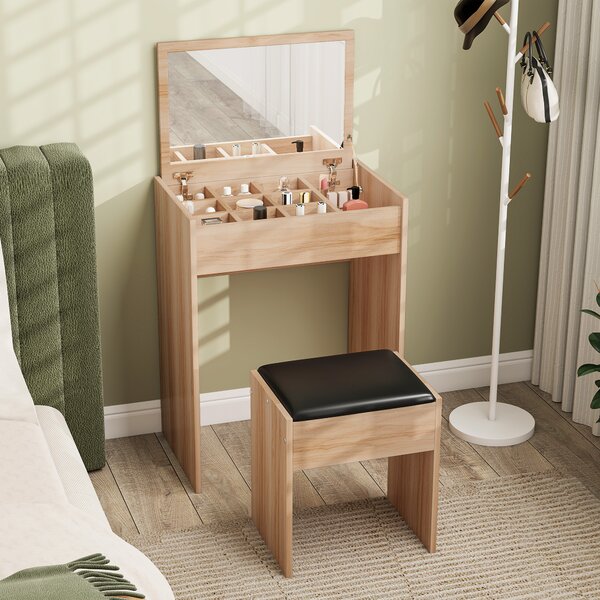 HOMCOM Dressing Table Set Padded Stool Dresser with Flip-up Mirror Multi-purpose - Wood Grain